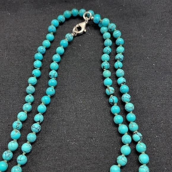 Turquoise Hand Knotted LONG Sterling Necklace— BEAUTIFUL!! Stand Alone or Layer! - Picture 4 of 10